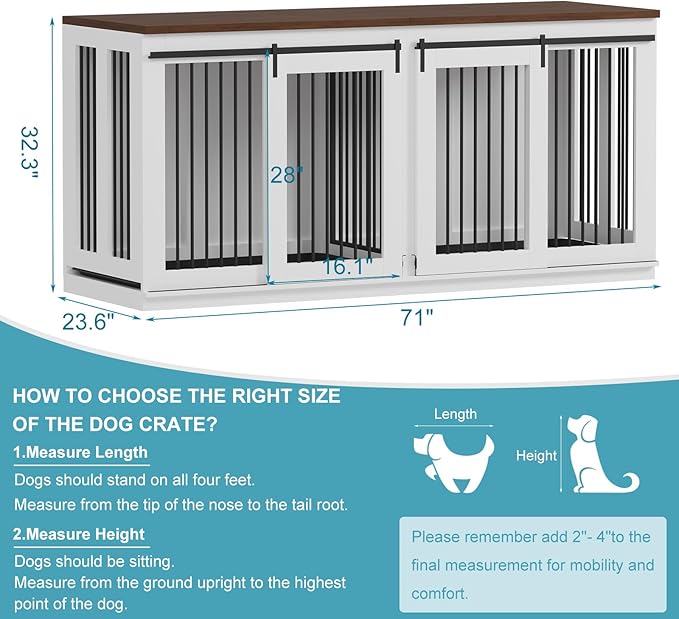 Large Dog Crate Furniture, 71" Wooden Dog Kennel for 2 Dogs, Heavy Duty Furniture Style Dog House with Divider & 2 Trays,Decorative Dog Crate Table Indoor Tv Stand