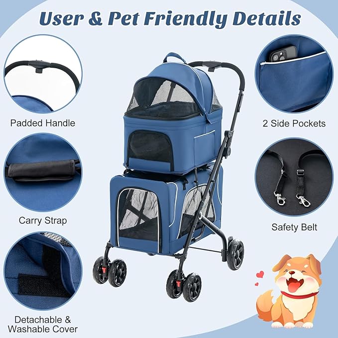 Double Dog Stroller, Foldable 3-in-1 Cat Stroller with 2 Detachable Carriers, Safety Belt, Washable Cover, Removable Pads, 4 Wheels Travel Pet Stroller for Small Medium Dogs (Blue)