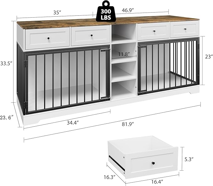 82” Double Dog Crate Furniture, Large Dog Kennel Indoor for 2 Dogs, Heavy Duty Wooden Dog Crate TV Stand with 4 Drawers and Shelves, White