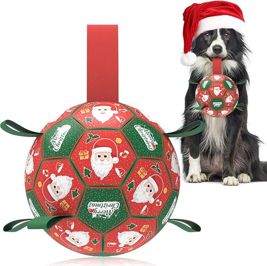 QDAN Christmas Dog Soccer Balls with Straps, Interactive Dog Toys for Tug of War, Puppy Birthday Gifts, Dog Tug Toy, Dog Water Toy, Durable Dog Balls for Small & Medium Dogs(6 Inch)
