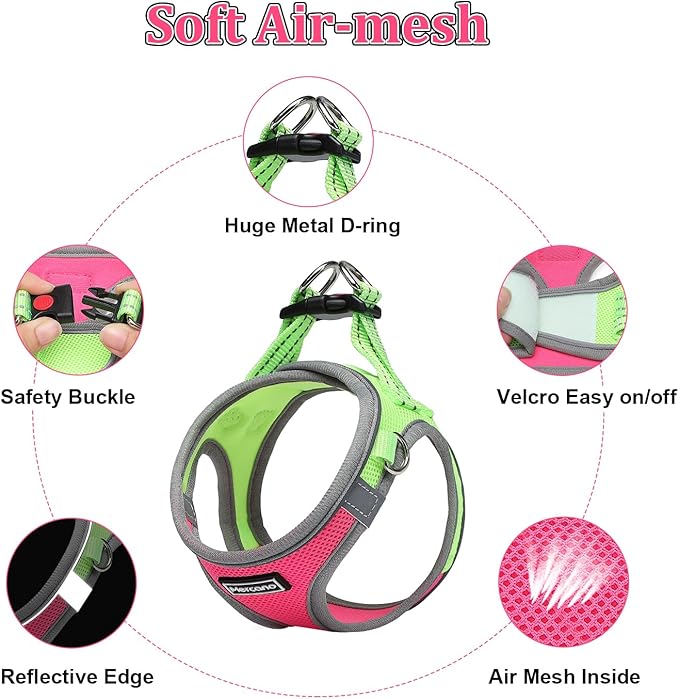 Mercano Soft Mesh Dog Harness and Leash Set, No-Chock Step-in Reflective Breathable Lightweight Easy Walk Escape Proof Vest Harnesses with Safety Buckle for Small Medium Dogs, Cats (S, Hot Pink)