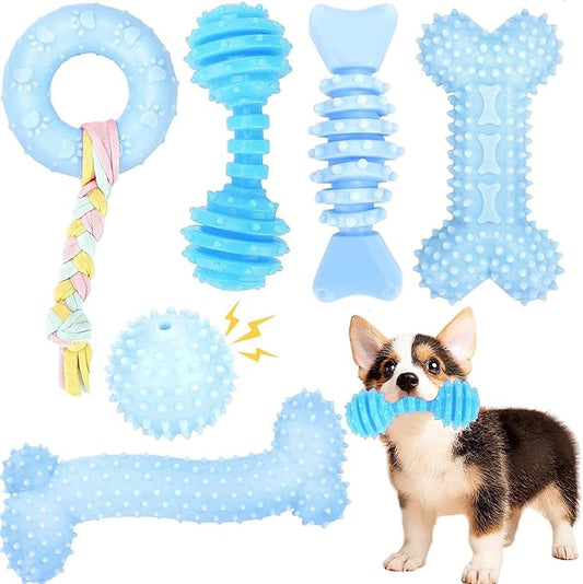 Puppy Toys, 6 Pack Dog Chew Toys for Puppy, Cute Blue Small Dog Toys, Teething Toys for Puppies, Soft Durable Interactive Chew Toy for Small Dogs