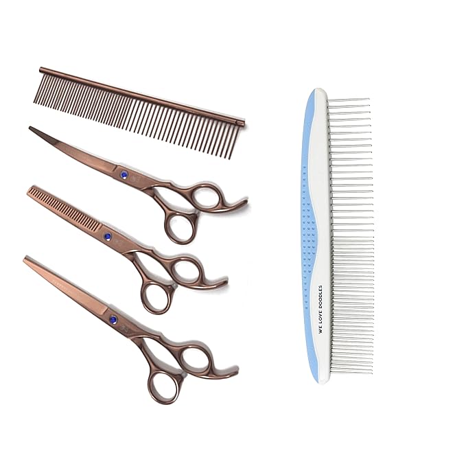 We Love Doodles Small Dog Grooming Comb & Dog Grooming Scissors Kit Bundle - Grooming Comb & Grooming Shears, Scissors and Scissors Kit - Removes Tangles - Made in USA