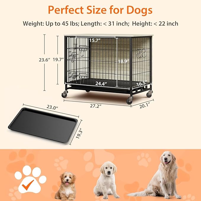 Small Dog Crate Furniture, 27.2"L x 20.1"W x 23.6"H,Indoor Pet Crate with Double Doors, Removable Tray and 360° Wheels, Wooden Countertop Dog Kennel,Gray&Black