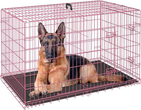 FDW Dog Crate for Large Dogs 48 Inch Folding Metal WirePet Cage Double Door W/Divider Panel Indoor Outdoor Kennel Leak-Proof Plastic Tray,Pink