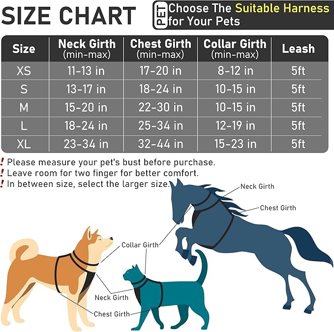 GAMUDA Dog Harness Collar and Leash Set, Horse Care Sheets, No Chock No Pull Adjustable Vest Harnesses Plaid Reflective for Medium Dog, Cat, Small Horse, Small Bull and Pig (Black, S)