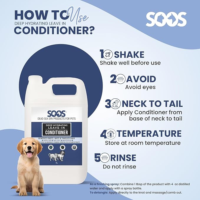 Soos Pet Dog Conditioner Deep Hydrating Leave-in Natural Dead Sea Minerals Skin Moisturizer Polish Deeply Absorbing with Vitamins Natural Ingredients for Dogs and Cats - 1x Pet Conditioner (4L)