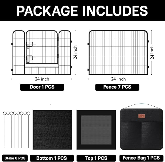 PJYuCien Dog Playpen Outdoor Plus Storage Bag,24" H 8 Panels Puppy Pen with Square Bottom & Top Cover,Heavy Duty Dog Fence for Camping