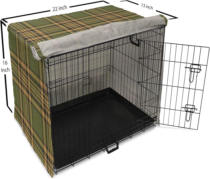 Lunarable Plaid Dog Crate Cover, Tartan Pattern in Autumn Tones Old Fashioned Design Country Illustration, Easy to Use Pet Kennel Cover for Small Dogs Puppies Kittens, 22 Inch, Olive Green Mustard