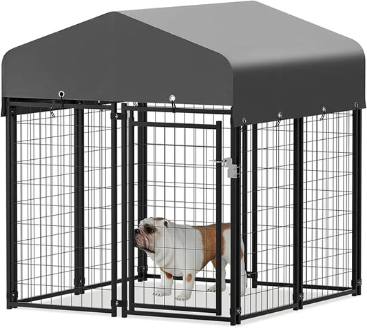 MoNiBloom Outdoor Dog Kennels for Small/Medium Dogs, Weatherproof Dog Pen Run with Cover and Rotating Feeding Door, 4.6ft High Expandable Dog Playpen for Outside Yard, 8 Panels with Powder Coating