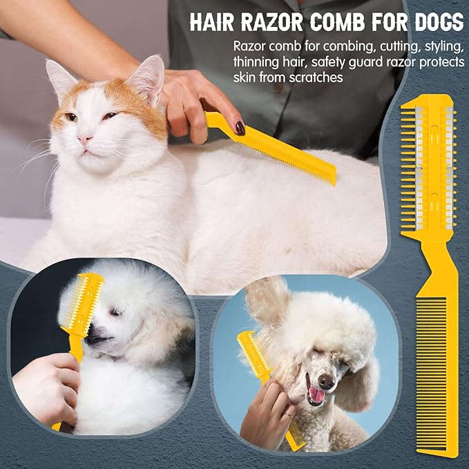 Yinkin 5 Pieces Razor Comb for Dogs Hair Grooming Trimmer for Pet Razor Comb with 25 Extra Blades Manual Dog Hair Trimmer Double Edge for Cats Hair Cutting Tool(Yellow)