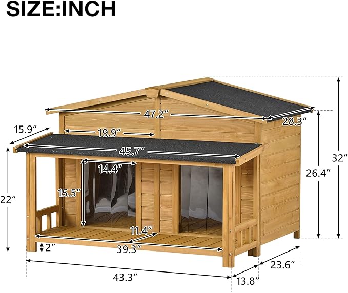 YOTPO 47.2" Wooden Indoor & Outdoor Medium Dog House with Porch Door and Removable Curtain,Pet Kennel with Weatherproof Solid Wood,for Yard,Garden,Living Room,Villa,Wood