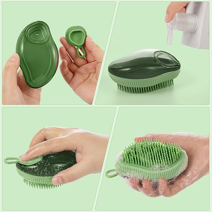 Pet Grooming Bath Massage Brush with Soap and Shampoo Dispenser Soft Silicone Bristle for Long Short Haired Dogs Cats (GREEN)