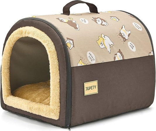 Jiupety Indoor Dog House, 2 in 1 Portable Foldable House Bed with Cover, Pet Tent & Cave Bed for Cats and Small Dogs, M(18"×14"×13"), Up to 11 Lb, Brown