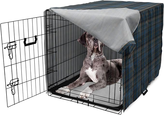 Lunarable Plaid Dog Crate Cover, Striped Geometric British Pattern Modern Design Elements in Patel Colors, Easy to Use Pet Kennel Cover for Medium Large Dogs, 48 Inch, Azure Blue and Marigold