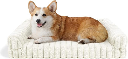 Thick Orthopedic Cat Sofa for Large Cats, Waterproof Supportive Foam Dog Sofa Bed with Washable Cover, Faux Fur Comfy Bolster Couch Pet Beds with Nonskid Bottom (Beige, 30"x22")