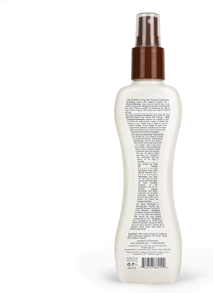 BioSilk Silk Therapy Conditioning Detangling Spray for Dogs with Natural Coconut Oil - Dog Matted Hair Detangler Conditioner for Dogs, Dematting Grooming Supplies, 7 Fl Oz