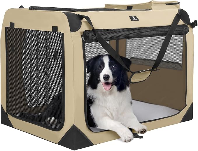 X-ZONE PET Dog Crate 3-Door Kennel, Collapsible Portable Soft Sided Pet Carriers for Indoor & Outdoor, Multiple (24-Inch, Rice White)