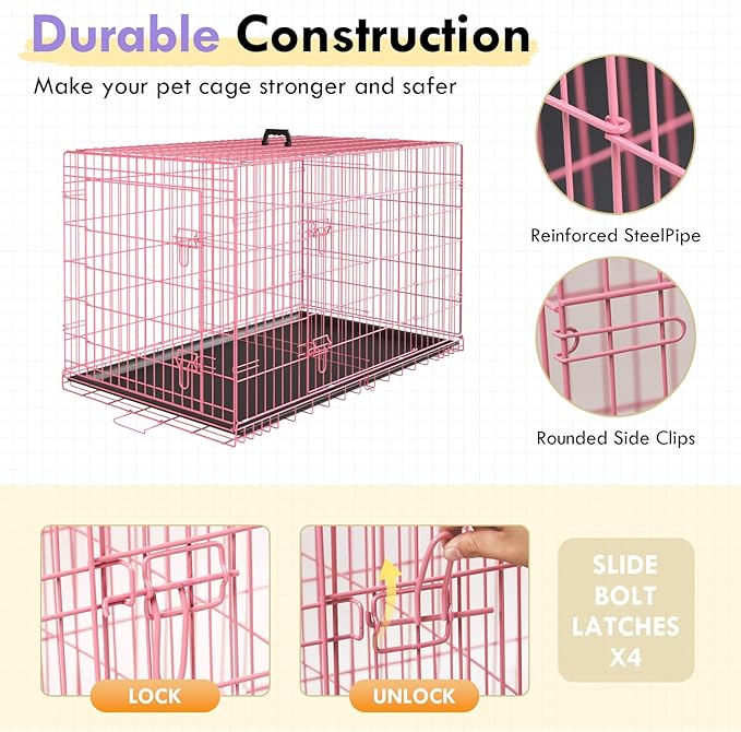 PayLessHere Large Dog Crate Kennel for Medium Large Dogs 24 inches Metal Dog Cage Double-Door Folding Travel Indoor Outdoor Puppy Playpen with Divider and Handle Plastic Tray,Pink