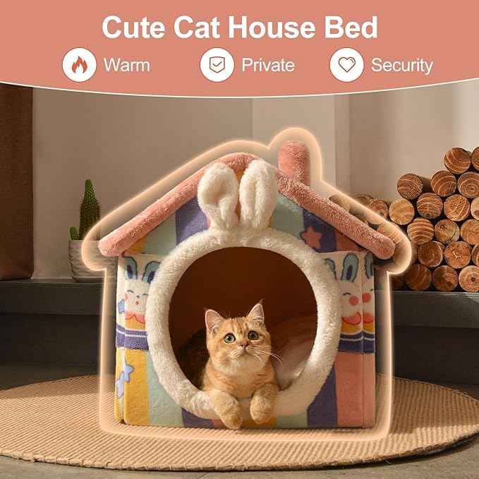 JIUPETY Cute Small Dog House Indoor, Foldable House Kennel Bed Mat with Cushion, L Size Tent Up to 30 Lbs, Dog Cave Bed with Non-Slip Bottom, Rainbow