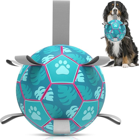 QDAN Dog Toys Soccer Ball with Straps - Durable Dog Balls for Extra Large Dogs, Beach Pool Dog Water Toy, Dog Tug Toys for Tug of War, Puppy Dog Birthday Gifts, Herding Balls for Dog, Blue (9 Inch)