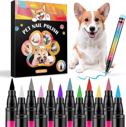 Pet Nail Polish Pen Set - Dog Nail Polish Pens Quick Dry, 12 Colors Fast Drying Dog Safe Nail Polish Set