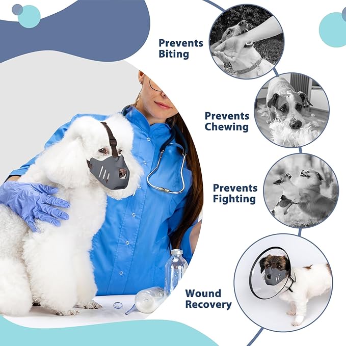 LUCKYPAW Dog Muzzle, Soft Muzzle for Small Medium Dogs Poodle Dachshund, Breathable Silicone Cage Mouth Cover to Prevent Biting Chewing, Funny Rhino Shaped Muzzle with Adjustable Head Strap(Grey,XL)