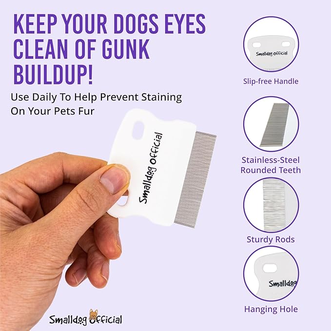Tear Stain Remover - Fine Tooth Metal Comb to Clean Dogs Eye Boogers - Steel Pet Cleaner and Grooming Accessories - Care for Small Dog Breeds like Shih Tzu, Poodle, Yorkie, Goldendoodle and More