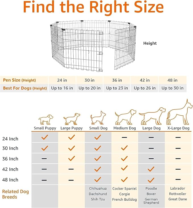 Amazon Basics Foldable Octagonal Metal Exercise Dog Playpen - Indoor/Outdoor, No Door, Extra Small (8 Panels, 24 x 24), Easy to assemble, store, and customize, 24" - Puppy, Black