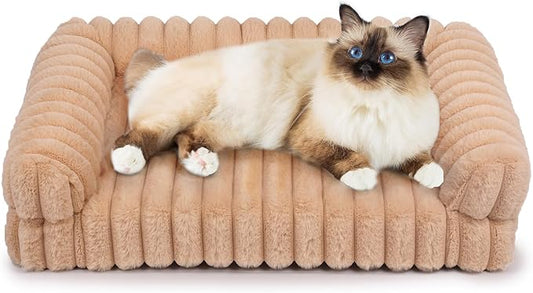 Thick Orthopedic Cat Sofa, Waterproof Supportive Foam Small Dog Sofa Bed with Washable Cover, Faux Fur Comfy Bolster Couch Pet Beds with Nonskid Bottom (Brown, 24"x18")