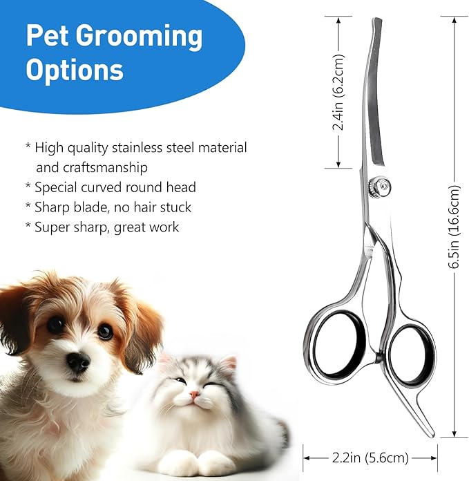 Professional Curved Dog Grooming Scissors with Rounded Tips, Cat Shears, 4CR Stainless Steel Curved Blades, Pet Home Grooming Tools