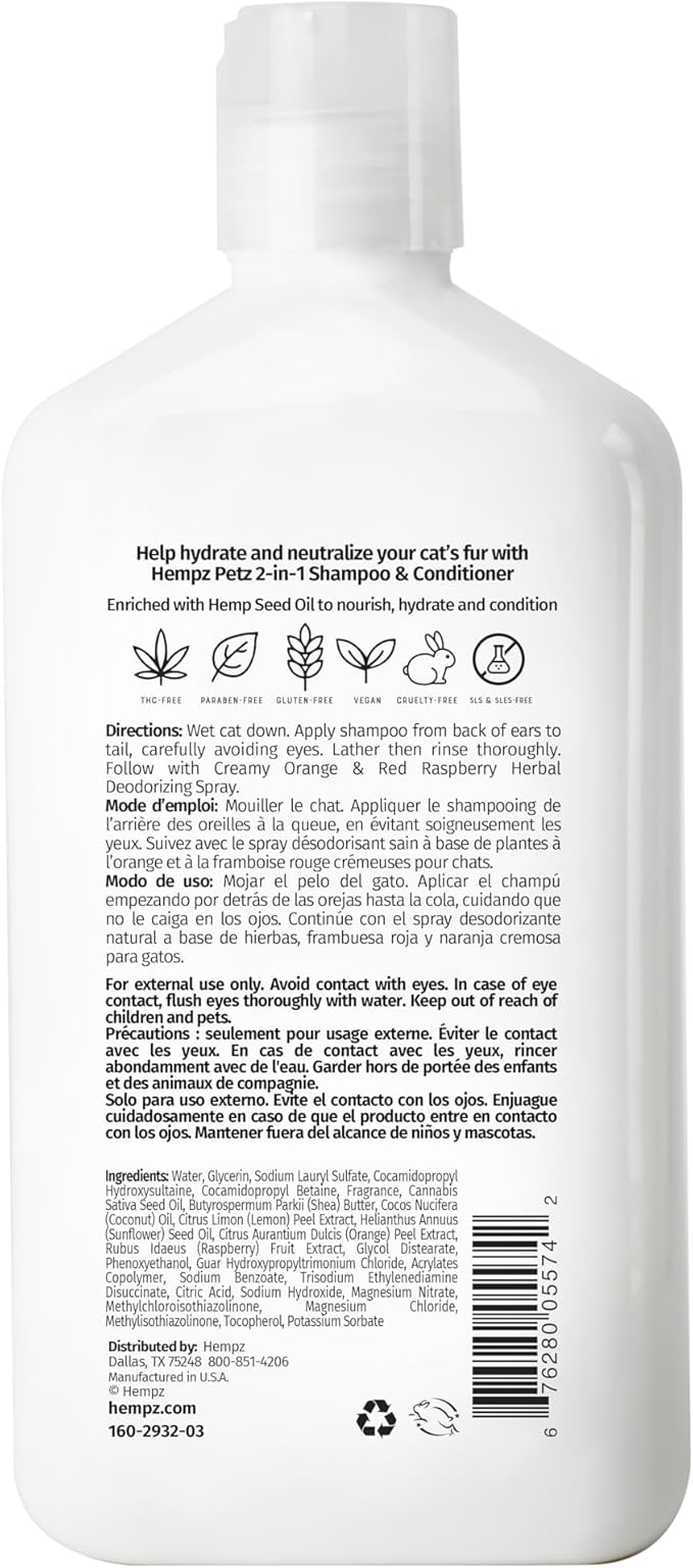 Hempz Petz, Cat Shampoo & Conditioner, Creamy Orange & Red Raspberry 2 in 1 Shampoo & Conditioner 17 oz.