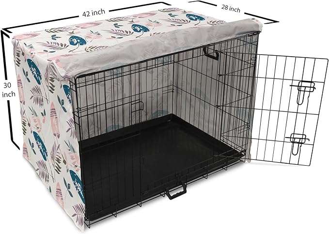 Ambesonne Leaves Dog Crate Cover, Abstract Foliage in Pastel Colors Tropical Jungle Forest Plants with Grunge Effect, Easy to Use Pet Kennel Cover for Medium Large Dogs, 42 Inch, Petrol Blue Baby Pink