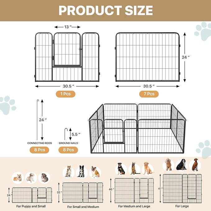 MoNiBloom Dog Playpen Outdoor, 24" Height 8 Panels Heavy Duty Metal Dogs Pen for Small Animals Pet Exercise Pen for RV Camping Yard