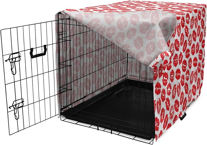 Lunarable Kiss Dog Crate Cover, Rhythmic Make up Red Luscious Lips Lipstick Imprint Illustration, Easy to Use Pet Kennel Cover for Medium Large Dogs, 48 Inch, Dark Pink and White