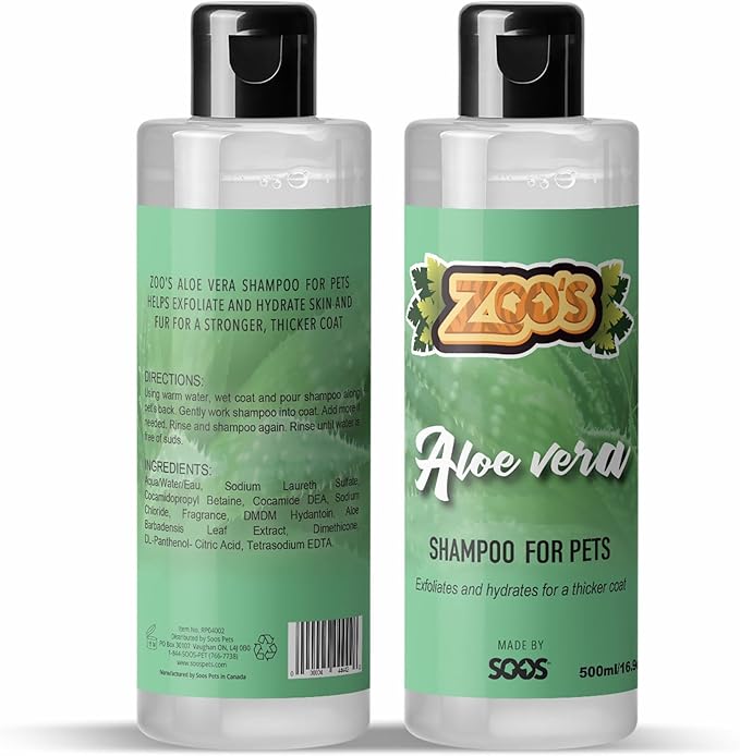 Zoo’s Pet Aloe Vera Shampoo for Dogs and Cats - Fast Absorbing, Moisturize Skin & Fur for Stronger, Thicker Coat - Remove Dead Skin Cells - 500ml