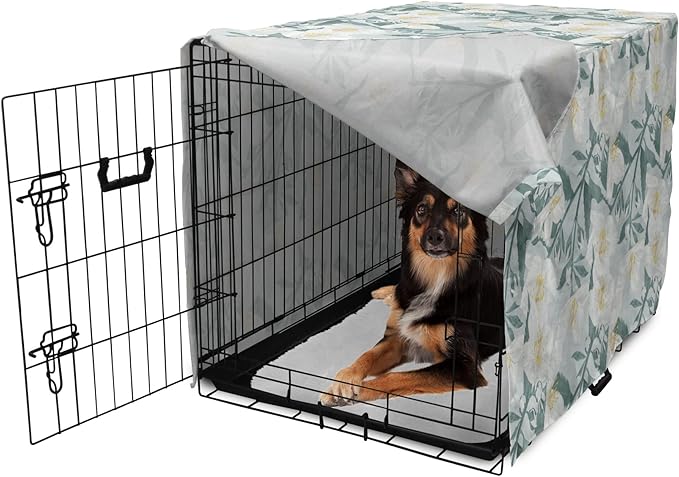 Lunarable Jasmine Dog Crate Cover, Delicate Pointy Petals Flower in Muted Tones, Easy to Use Pet Kennel Cover for Medium Large Dogs, 36 Inch, Pale Teal Pale Blue