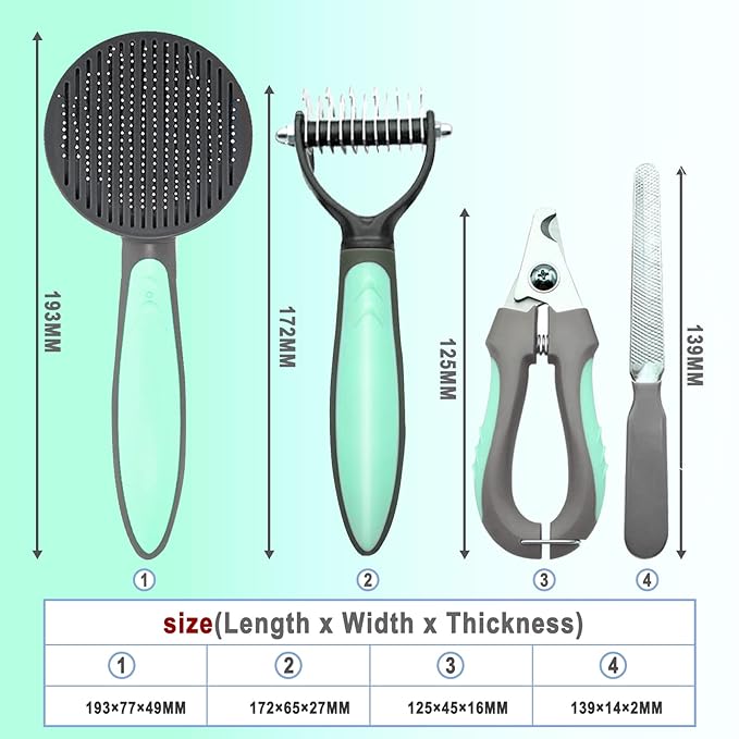 Pet Deshedding Brush Set, Undercoat Rake for Dogs & Cats - Double Sided Brush for Shedding and Dematting Comb Grooming Tool kit - Nail Clippers & Nail File Kit (4Pack)