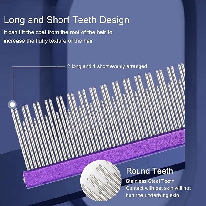 Round tooth metal dog comb is used for pet hair comb of dogs and cats to remove hair knots and entanglement. Professional pet hair comb styling comb(purple)