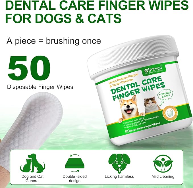 Teeth Cleaning Wipes for Dogs & Cats, Reduces Plaque & Freshens Breath Finger Wipes, Disposable Gentle Cleaning & Gum Care Pet Wipes (50PCS-Finger Cots)