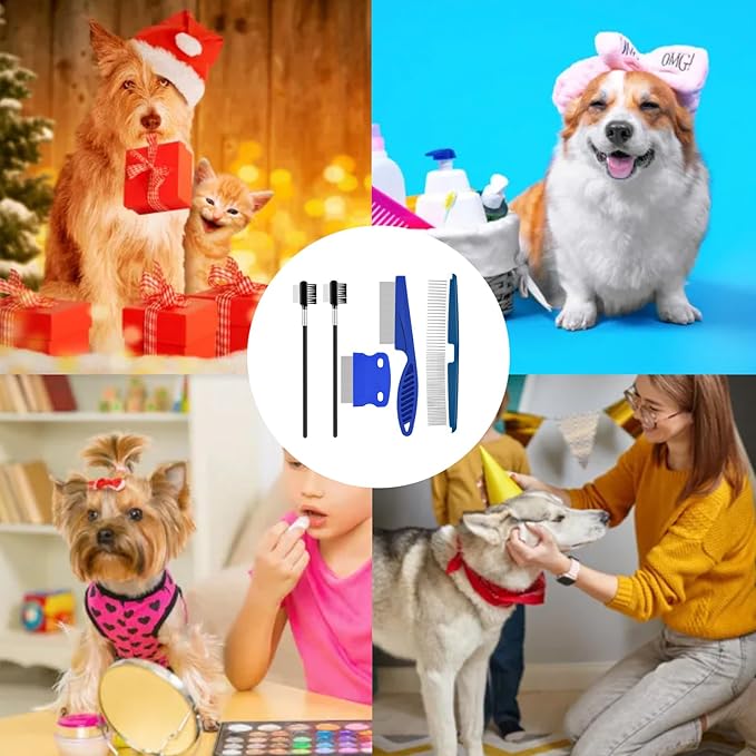 Pet Grooming Comb Sets for Cats and Dogs,Cuteabc 5 Pcs Comb Set Include Double-sided Dog Eye Comb/Dematting Comb/Flea Lice Combs and Grooming Comb Multipurpose Tools for Pet Cat Dogs Grooming