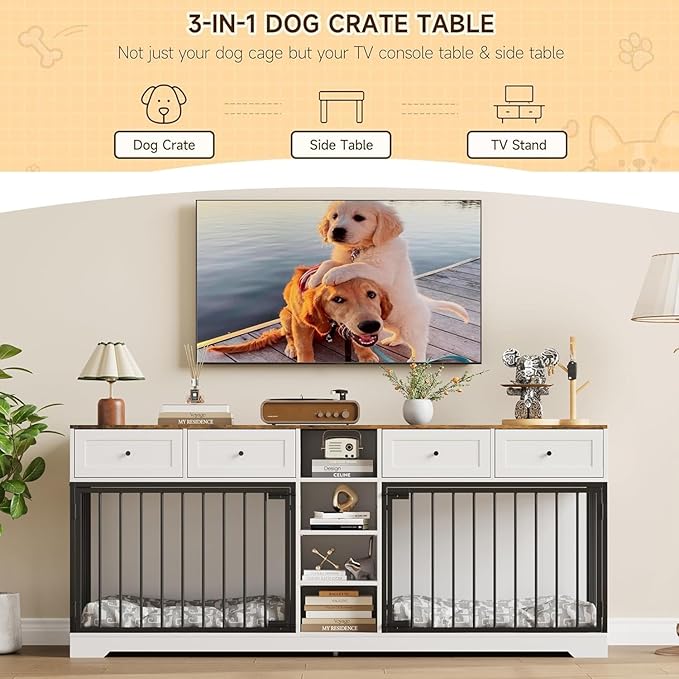 82” Double Dog Crate Furniture, Large Dog Kennel Indoor for 2 Dogs, Heavy Duty Wooden Dog Crate TV Stand with 4 Drawers and Shelves, White