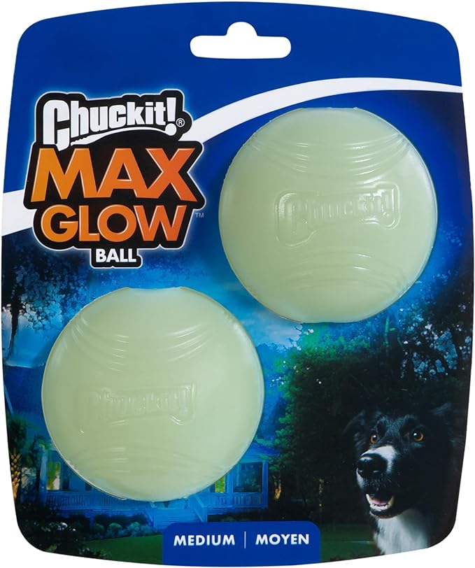 Chuckit! Max Glow Ball Dog Toy - Glows in the Dark - Made from Durable Rubber - Size Medium - For Dogs 20-60 lbs - 2.5-inch Diameter - Pack of 2
