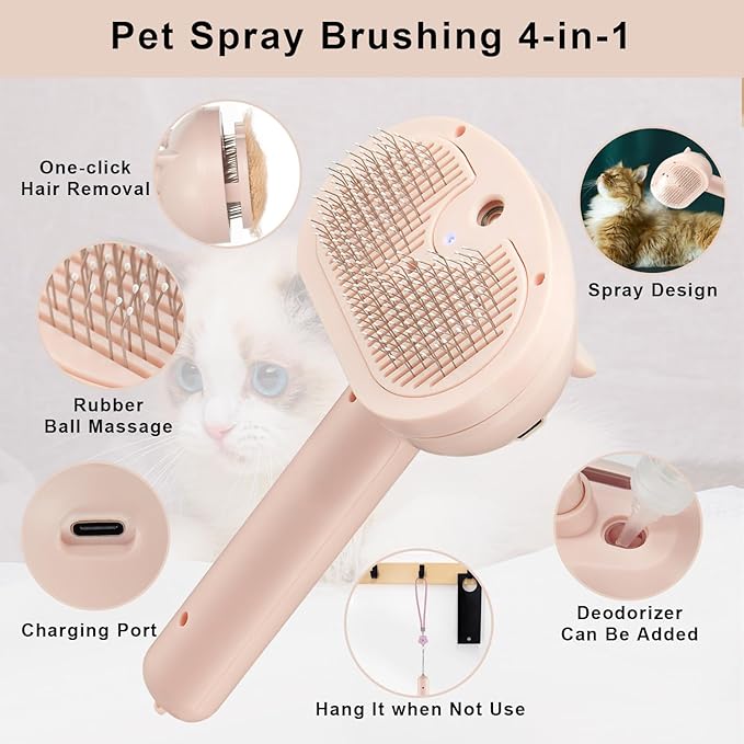 Pet Steam Hair Comb Brush for Shedding, 4 In 1 Spray Brush for Long & Short Haired Cat&Dog, Self-Cleaning Hair Remover with Water Tank And LED Blue Light, Release Button(Pink)