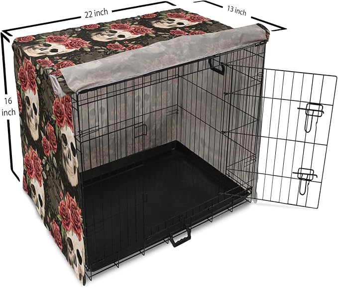 Lunarable Halloween Dog Crate Cover, Mexican Sugar Skull Rose Bouquets Spooky Traditional Humour Culture, Easy to Use Pet Kennel Cover for Small Dogs Puppies Kittens, 22 Inch, Black Grey