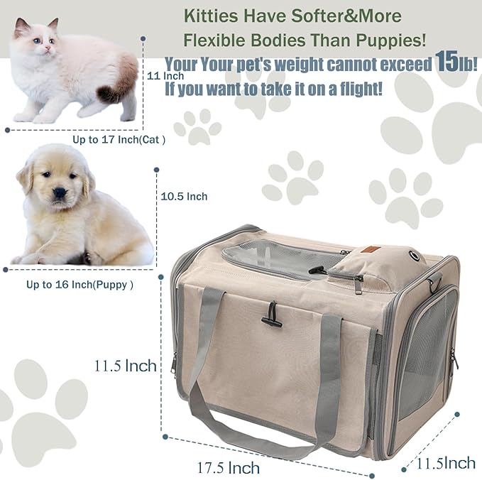 Pet Carrier for Large Cats,Soft-Sided Cat Carrier for Medium Big Cats or Puppy up to 20lbs,Washable Dog Carrier Privacy Protection for Home Outdoor Travel (Khaki)
