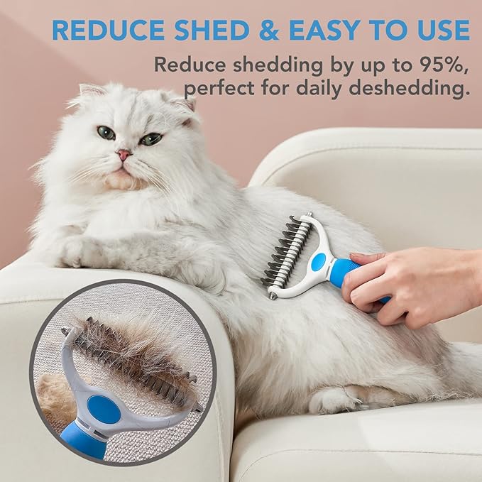 Pet Grooming Brush- Double Sided Dematting and Deshedding Undercoat Rake for Dogs and Cats- Safe Dog Shedding Brush, Blue1