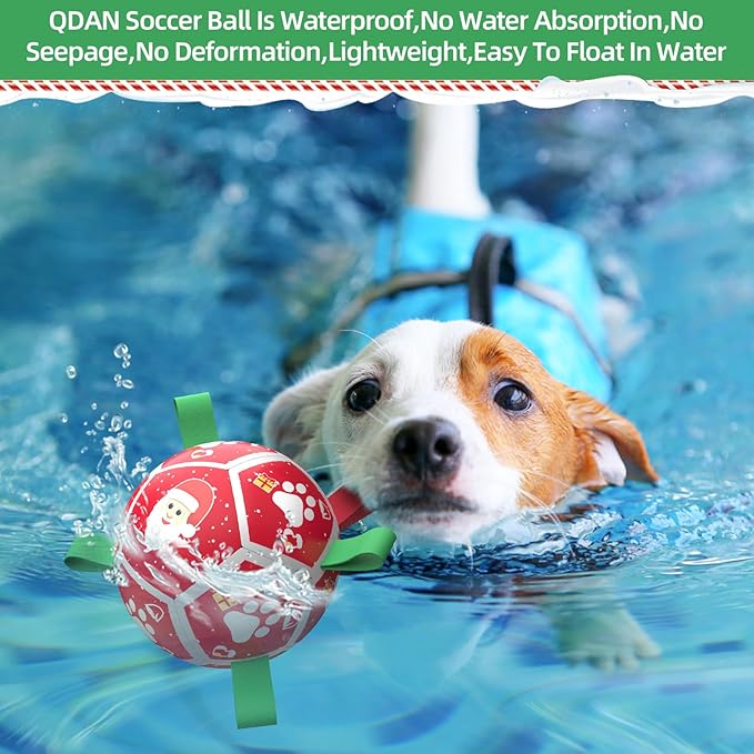 QDAN Christmas Dog Toys Soccer Ball with Straps, Outdoor Interactive Dog Toys for Tug of War, Puppy Birthday Gifts, Dog Tug Toy, Dog Water Toy, Durable Dog Balls for Small Dogs(5 Inch)