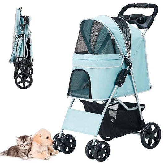 Pet Stroller for Medium Small Dogs and Cats, Folding Puppy Stroller Dog Cat Cage Jogger Stroller with Cup Holder and Storage Basket, 4 Wheels, Light Blue