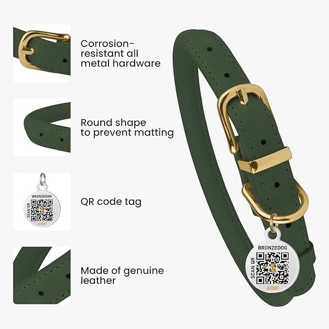 BRONZEDOG Rolled Leather Dog Collar with QR ID Tag Adjustable Soft Round Collars for Small Medium Large Dogs Puppy Cat (7" - 10" Neck Size, Emerald Green)